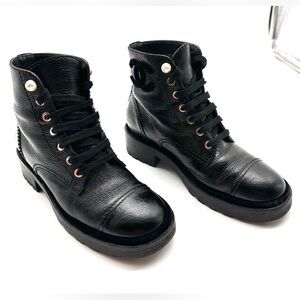 Chanel Interlocking CC Combat Pearl Leather Black Ankle Boots EU 38.5 US 7.5-8